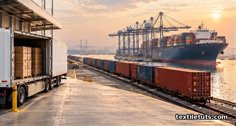 Cargo truck and container ship illustrating nearshoring versus friend-shoring apparel supply chain routes.