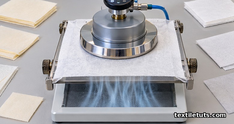 Air permeability test head pressed on nonwoven fabric measuring airflow under defined pressure drop in a laboratory.