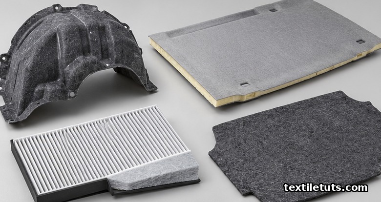 Still life of automotive nonwoven parts: molded wheel-arch liner, headliner panel, cabin air filter, and trunk liner on a workbench.