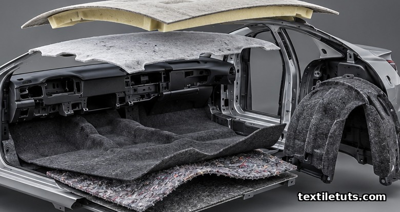 Cutaway illustration of a car interior showing layered nonwoven textile components: headliner, dashboard scrim, floor carpet, and wheel-arch liner.