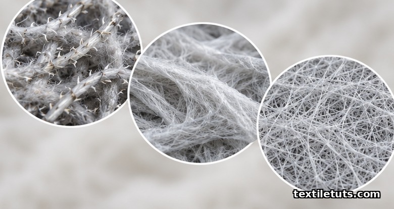 Macro view of three nonwoven bonding structures: needle-punched polyester fibers, hydroentangled spunlace web, and meltblown PP filtration fibers.