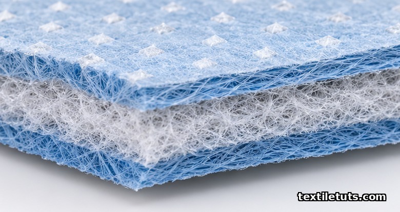 Cross-section cutaway of an SMS laminate showing spunbond, meltblown, and spunbond layers.