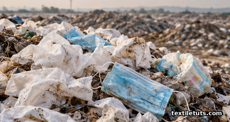 Discarded nonwoven wipes, used masks, and soiled hygiene waste piled at the edge of an industrial landfill.