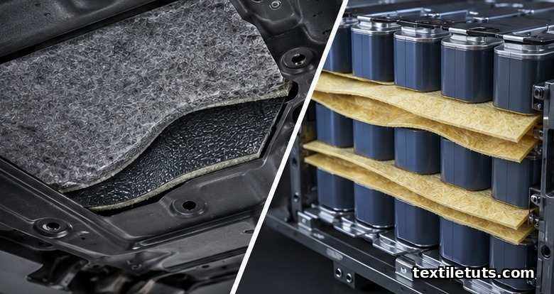 EV battery pack with aramid thermal-runaway barrier felts between cells, alongside a layered nonwoven acoustic underbody shield.
