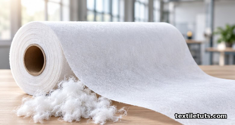 Roll of white nonwoven fabric unrolling on wooden surface with loose fibers scattered nearby.