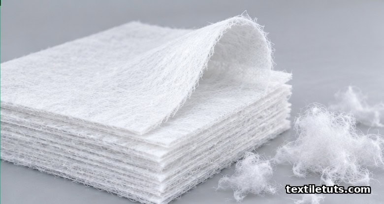Stack of bright white nonwoven fabric samples on a neutral gray background showing soft random fiber texture.