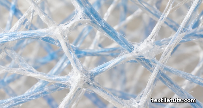 Microscopic view of randomly oriented white and blue synthetic fibers entangled into a bonded nonwoven web.