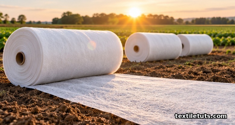 Rolls of UV-stabilized polypropylene nonwoven fabric laid across a freshly tilled agricultural field at golden hour.