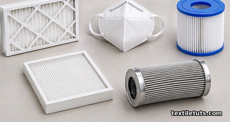 Flat-lay of nonwoven filter end-products: HVAC panel, respirator mask, pool cartridge, HEPA mini-panel, and hydraulic canister.