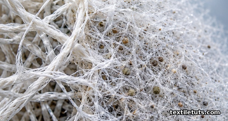 Macro cross-section of a nonwoven filtration medium showing tangled microfibers trapping particles throughout the web.