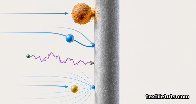 Scientific illustration of four particle capture mechanisms — impaction, interception, diffusion, and electrostatic attraction — on a single fiber.