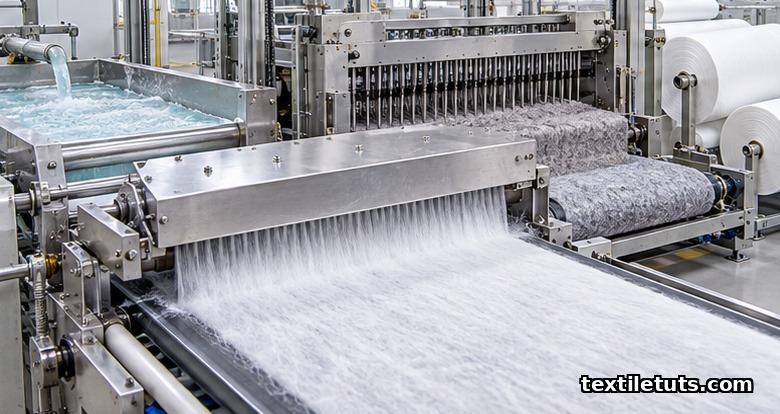 Industrial view of nonwoven filtration production including meltblown, needle-punch, spunbond, and wet-laid lines in a bright factory setting.
