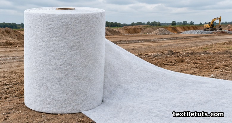 Rolls of white needlepunched nonwoven geotextile fabric on a civil-engineering construction site.