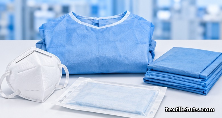 Folded surgical gown, packaged respirator, and sterile wrap arranged on a white clinical surface.