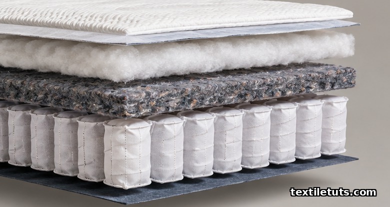 Exploded cross-section of a mattress showing nonwoven layers from ticking to dust cover.