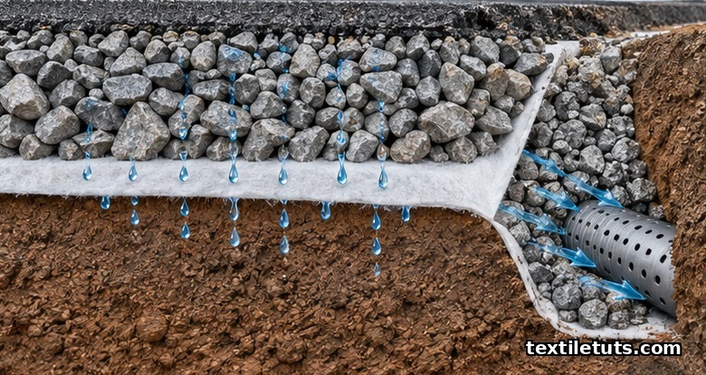 Cross-section of a nonwoven geotextile layer separating roadbase aggregate from clay subgrade with drainage flow.