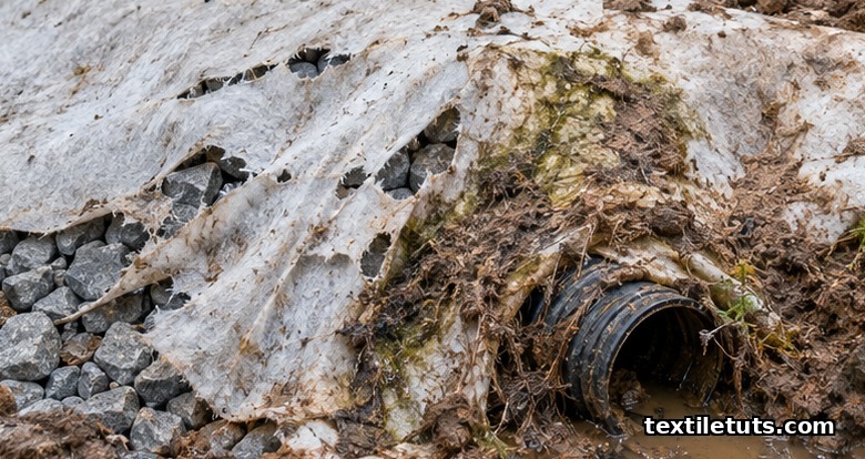 Torn and clogged nonwoven geotextile over angular aggregate showing installation failure in the field.