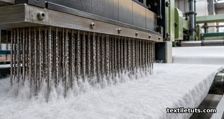 Industrial needle-punching loom mechanically bonding a carded polyester fiber web into nonwoven geotextile.