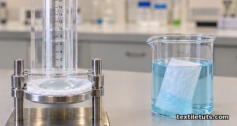 Hydrostatic head test column measuring water pressure resistance on nonwoven fabric with absorption beaker alongside.