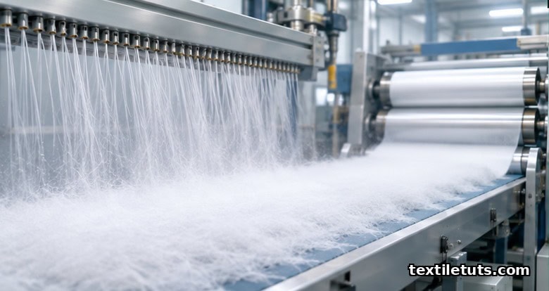 Industrial nonwoven line with polymer filaments extruded from spinnerets forming a white fiber web on a conveyor belt.