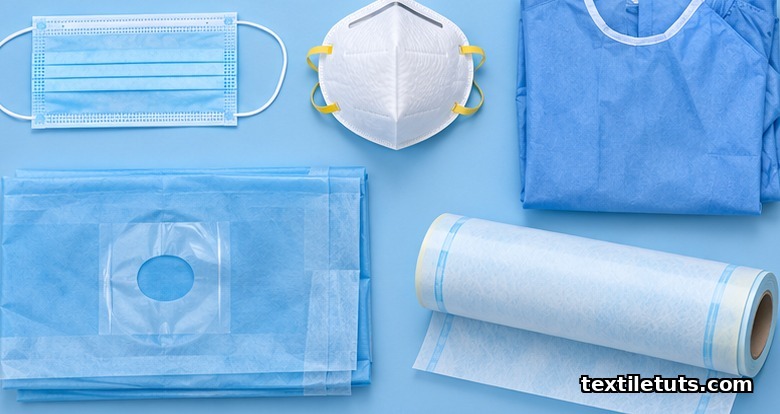 Flat-lay of surgical mask, N95 respirator, surgical gown, drape, and sterilization wrap.