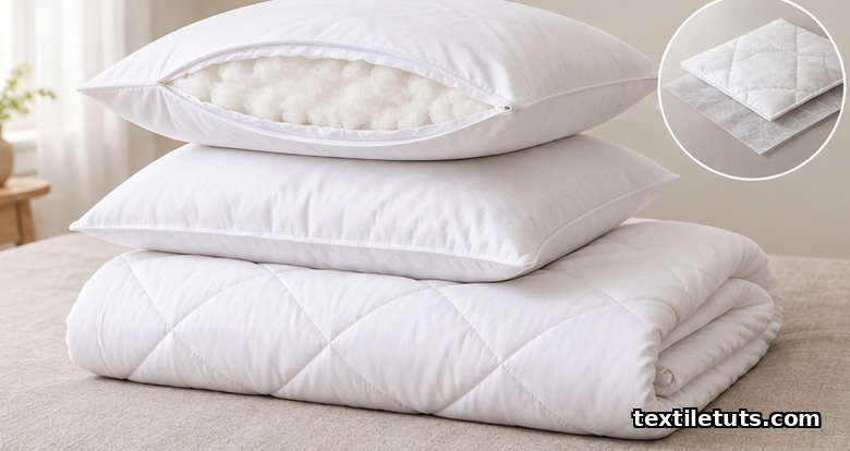 Stack of pillows and duvet revealing spunlace shell fabric and thermal-bond wadding inside.