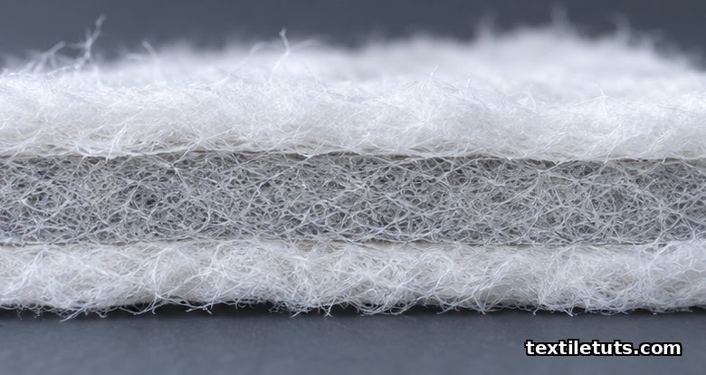 Cross-section of a three-layer SMS nonwoven composite showing white spunbond layers around a gray meltblown middle.