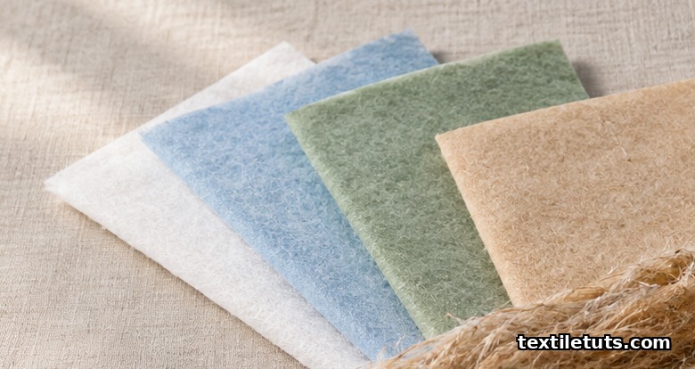 Layered swatches of white, blue, sage, and beige nonwoven fabric fanned out on a linen surface under soft daylight.