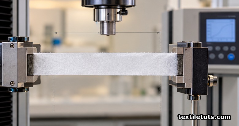 Tensile testing machine gripping a nonwoven strip specimen to measure breaking force and elongation in machine direction.