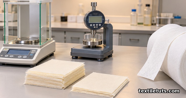 Nonwoven fabric testing laboratory workbench with analytical balance, thickness gauge, and spunbond specimen samples.