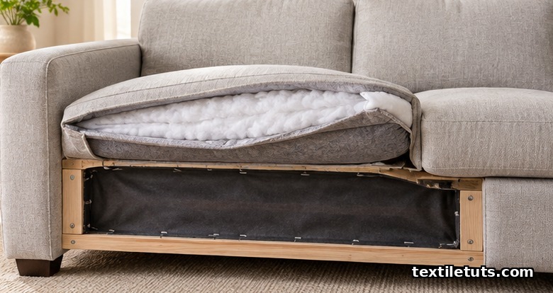Cutaway of an upholstered sofa showing needlepunched backing fabric and a spunbond dust cover.