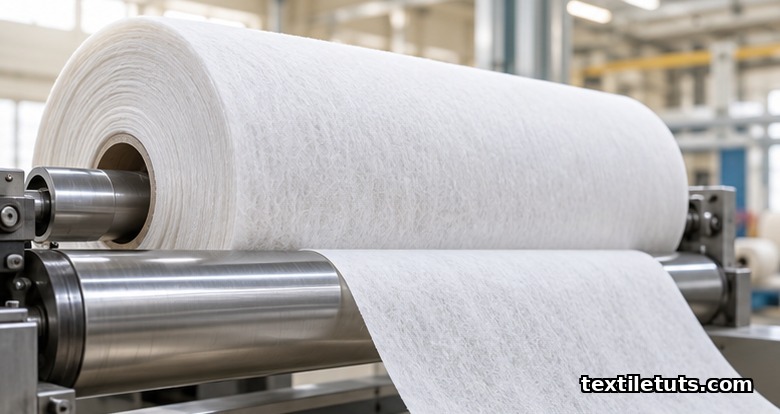 Featured image: a large roll of soft white spunlace nonwoven wipe fabric unspooling over a stainless steel roller on an industrial line.