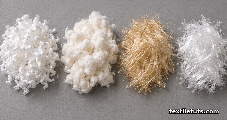 Fiber blends: macro flat-lay of four piles of viscose, cotton, polyester, and polypropylene staple fibers used in nonwoven wipes.