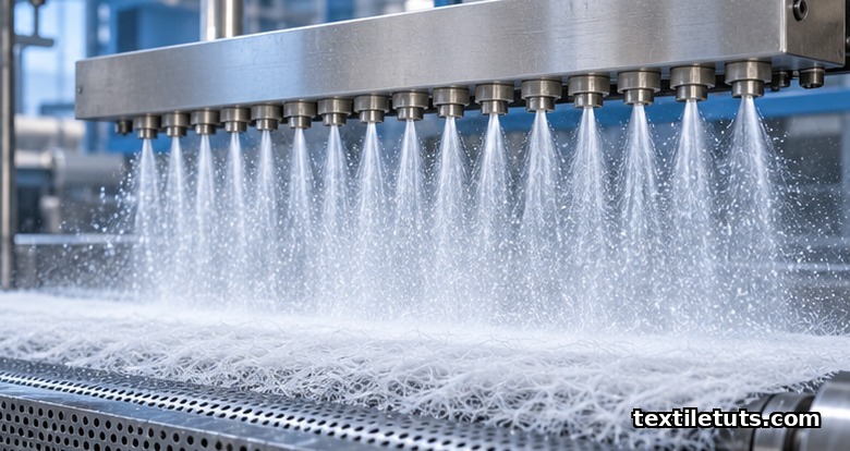 Manufacturing routes: high-pressure water jets from a manifold entangling a fibrous web on a perforated conveyor in spunlace production.