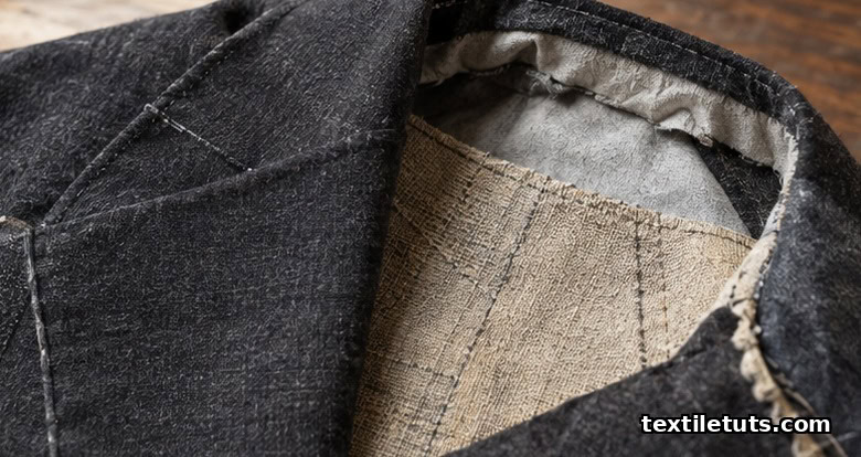 Inside-out blazer showing shoulder seam construction and fused interlining