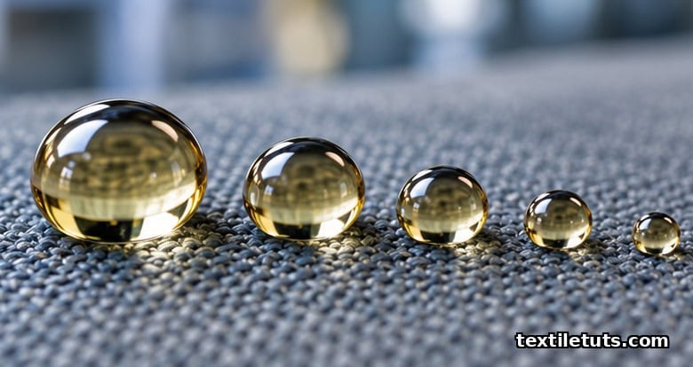 Close-up of oil droplets beading on a polyester fabric treated with an oil repellent finish, demonstrating high contact angle and stain barrier.