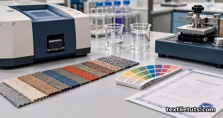 Textile-testing laboratory workbench with fabric swatches, spectrophotometer, crocking device, beakers, color fan deck, and certificate.