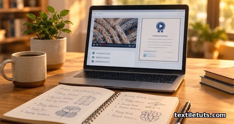 Home office desk with laptop showing an online textile course, notebook with fiber notes, coffee mug, and microcredential certificate on screen.