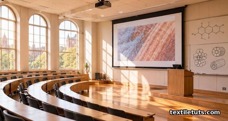 Modern university lecture hall interior with empty curved desks, projection screen, and arched windows letting in morning light.
