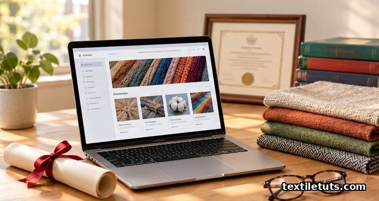 Editorial flat-lay of laptop showing textile course catalog, folded fabric swatches, diploma, and certificate on a desk.
