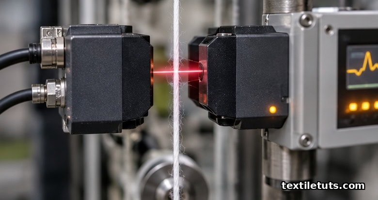Close-up of an optical yarn clearer with a fine cotton yarn passing through two sensor heads and a faint laser line crossing the strand.