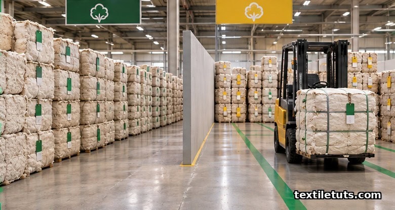 Dedicated bale storage bay with a physical barrier wall separating organic cotton zones, color-coded bale tags visible.
