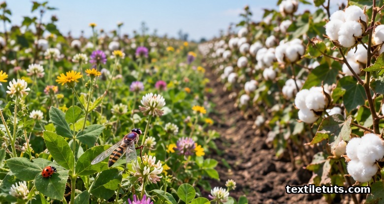 Organic cotton farm with legume cover crops and flowering border strips attracting ladybugs and hoverflies under morning light.