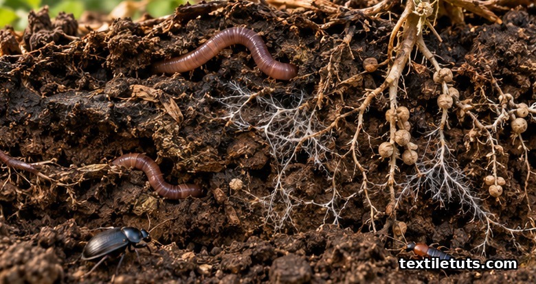Cross-section of organic cotton field soil showing earthworms, fungal mycelium threads, and decaying root organic matter.