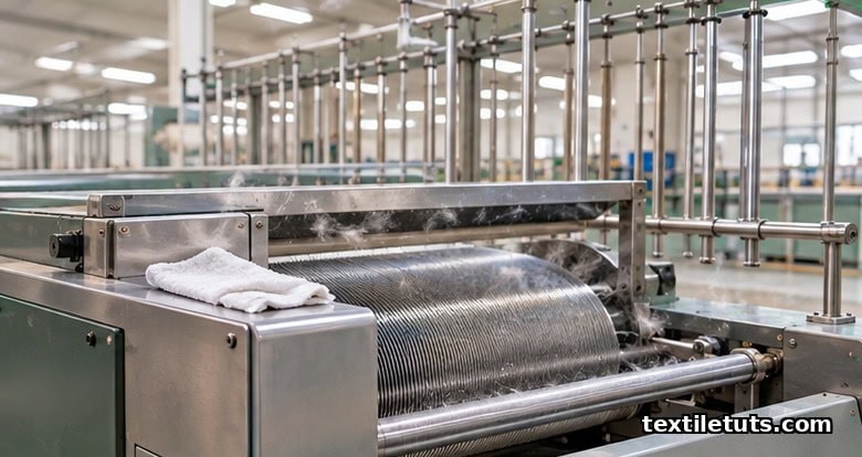 Textile carding machine on a dedicated organic cotton spinning line during equipment cleaning protocol, freshly wiped down.