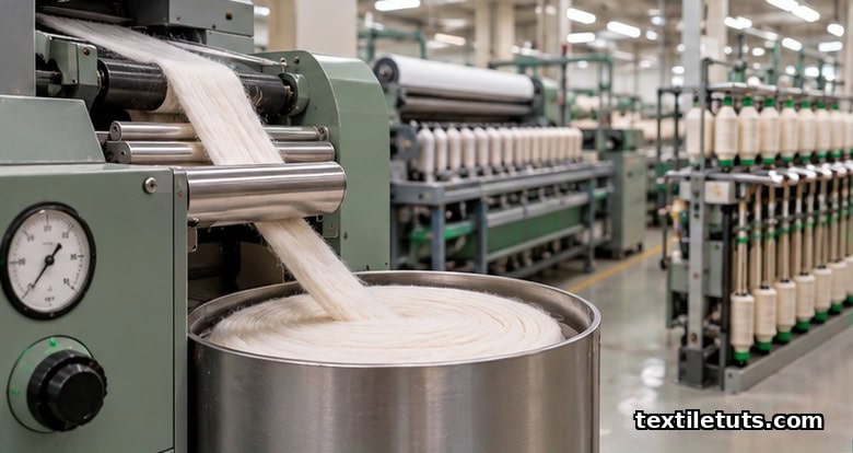Close-up of an organic cotton spinning line showing a carding machine, draw frame, and ring frame with calibrated gauge and knob.