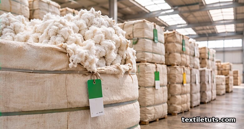 Raw organic cotton bales stacked in a textile mill storage area with creamy loose fibers visible at the top of an opened bale.