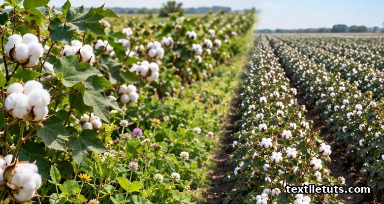 Split-view of an organic cotton field with cover crops and open bolls alongside a conventional cotton field in uniform rows under daylight.