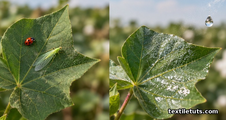Comparison of an organic cotton leaf with a ladybug versus a conventional cotton leaf with a suspended spray droplet.