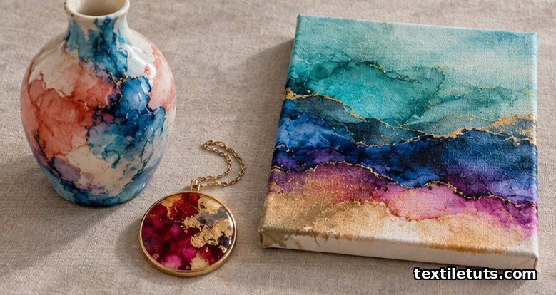 Ceramic vase, resin pendant, and abstract canvas all colored with alcohol inks on a soft grey linen surface.